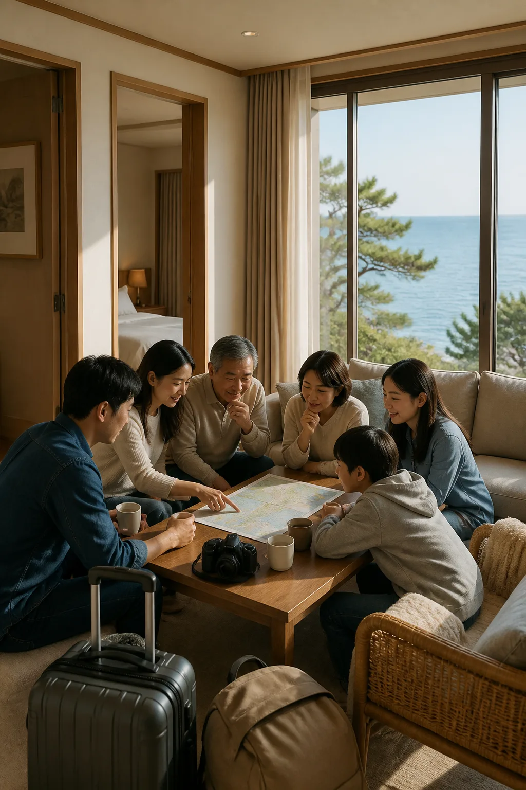 강릉숙소추천 여행에서 일행이 객실 배정과 일정을 의논하는 숙소 거실 모습