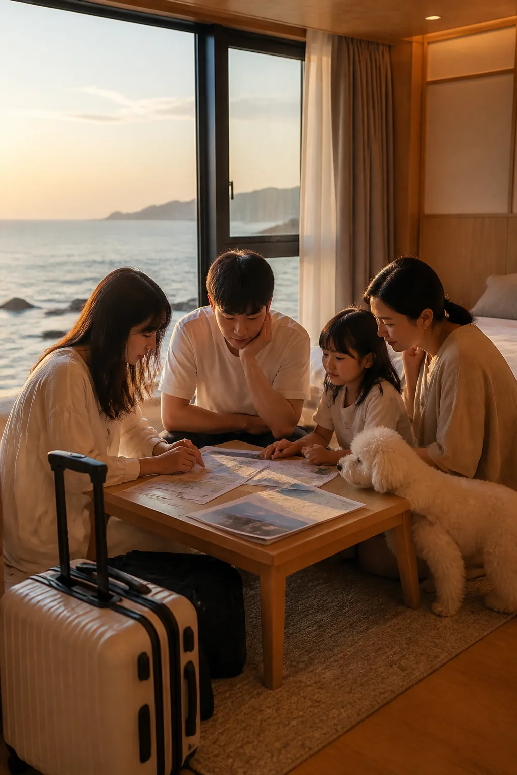 강릉 바다 여행 후 숙소 이용 규정을 확인하는 일행과 반려견의 모습으로 강릉숙소추천 정보를 보여주는 세로 사진