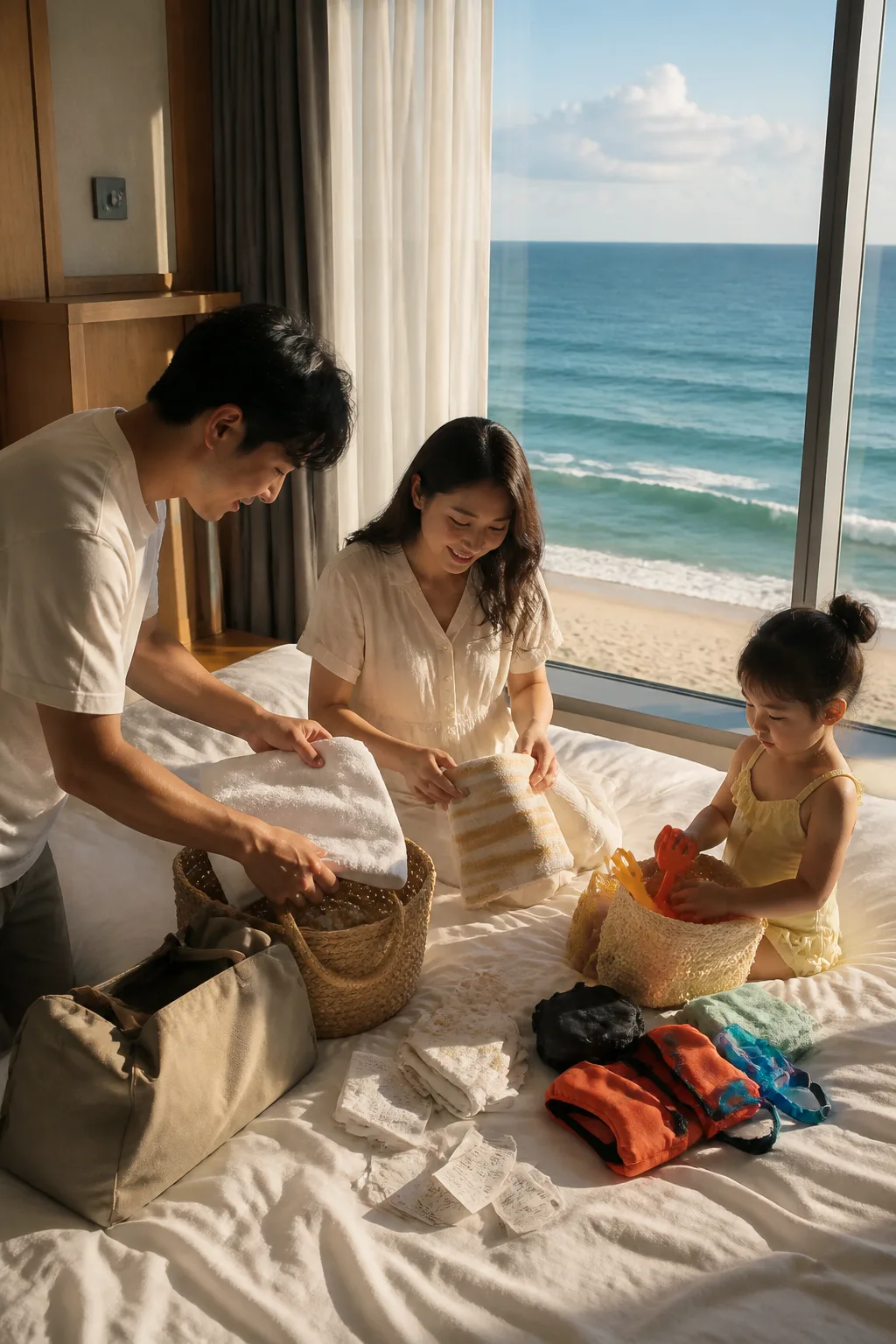 강릉 바다 여행 후 객실에서 수건과 여행용품을 정리하는 모습의 강릉숙소추천 이미지