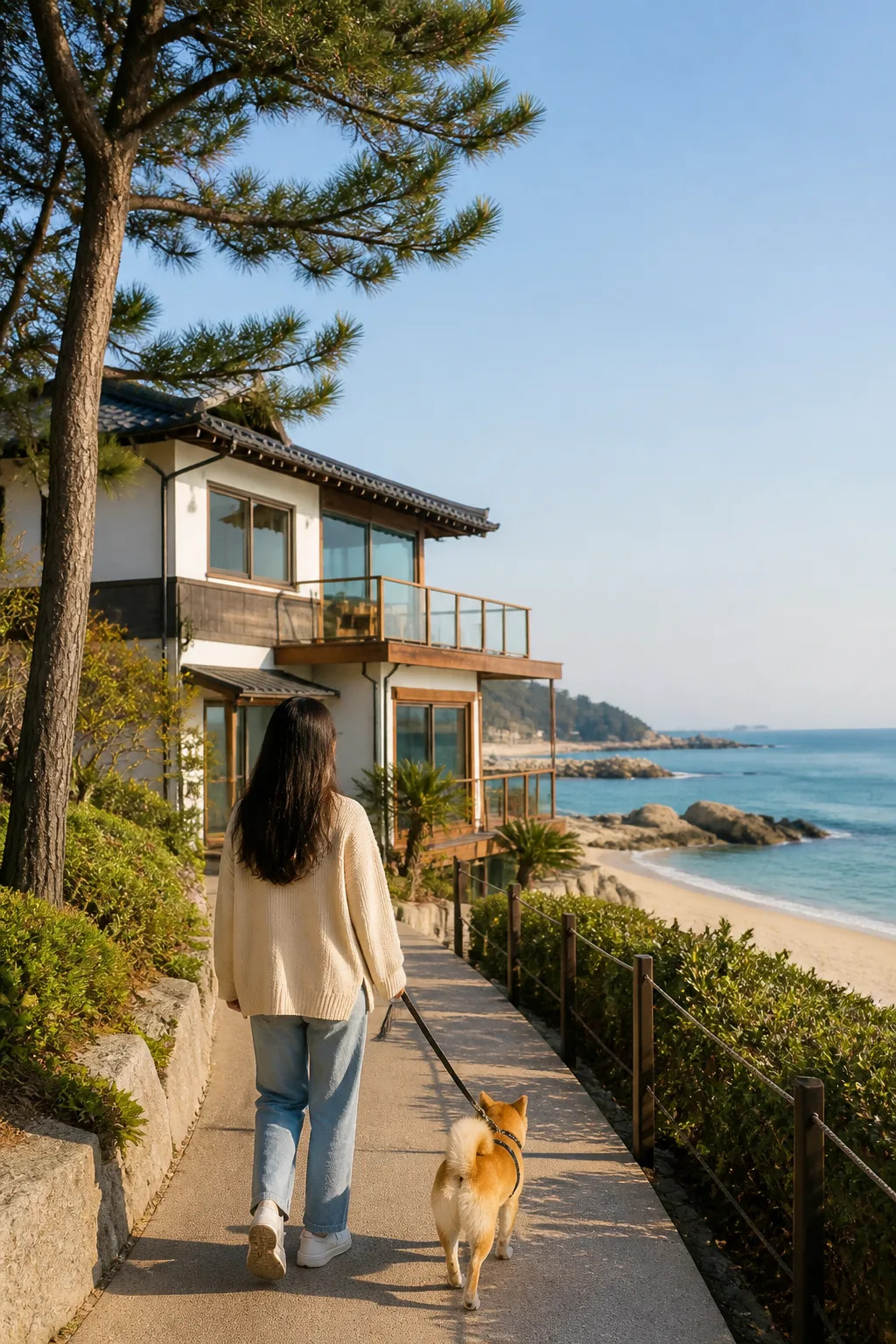강릉 바닷가 숙소 주변을 반려견과 산책하는 여행자 모습으로 강릉숙소추천 분위기를 보여주는 사진