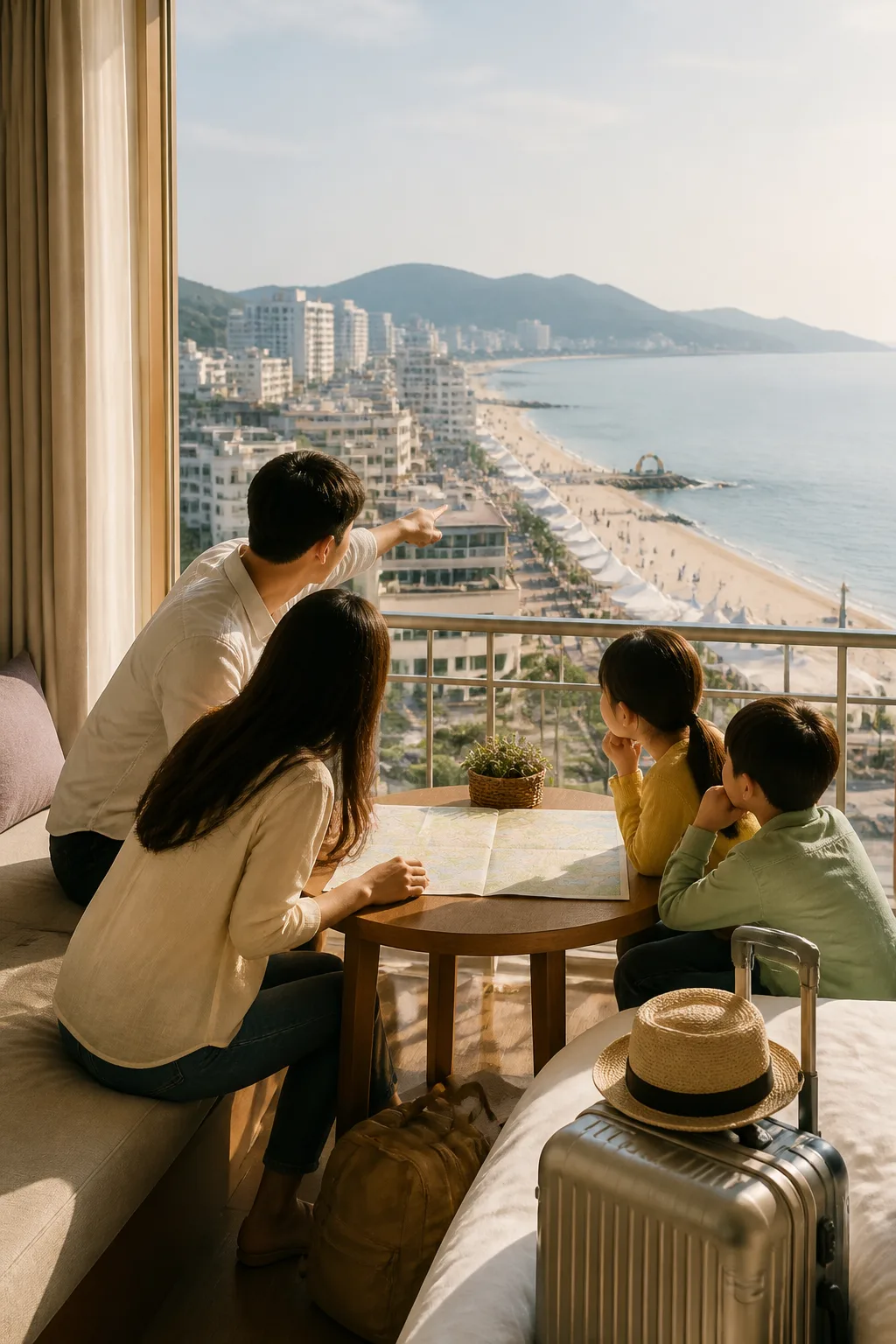행사와 여행 동선을 살펴보며 강릉숙소추천을 비교하는 여행자와 해변 풍경