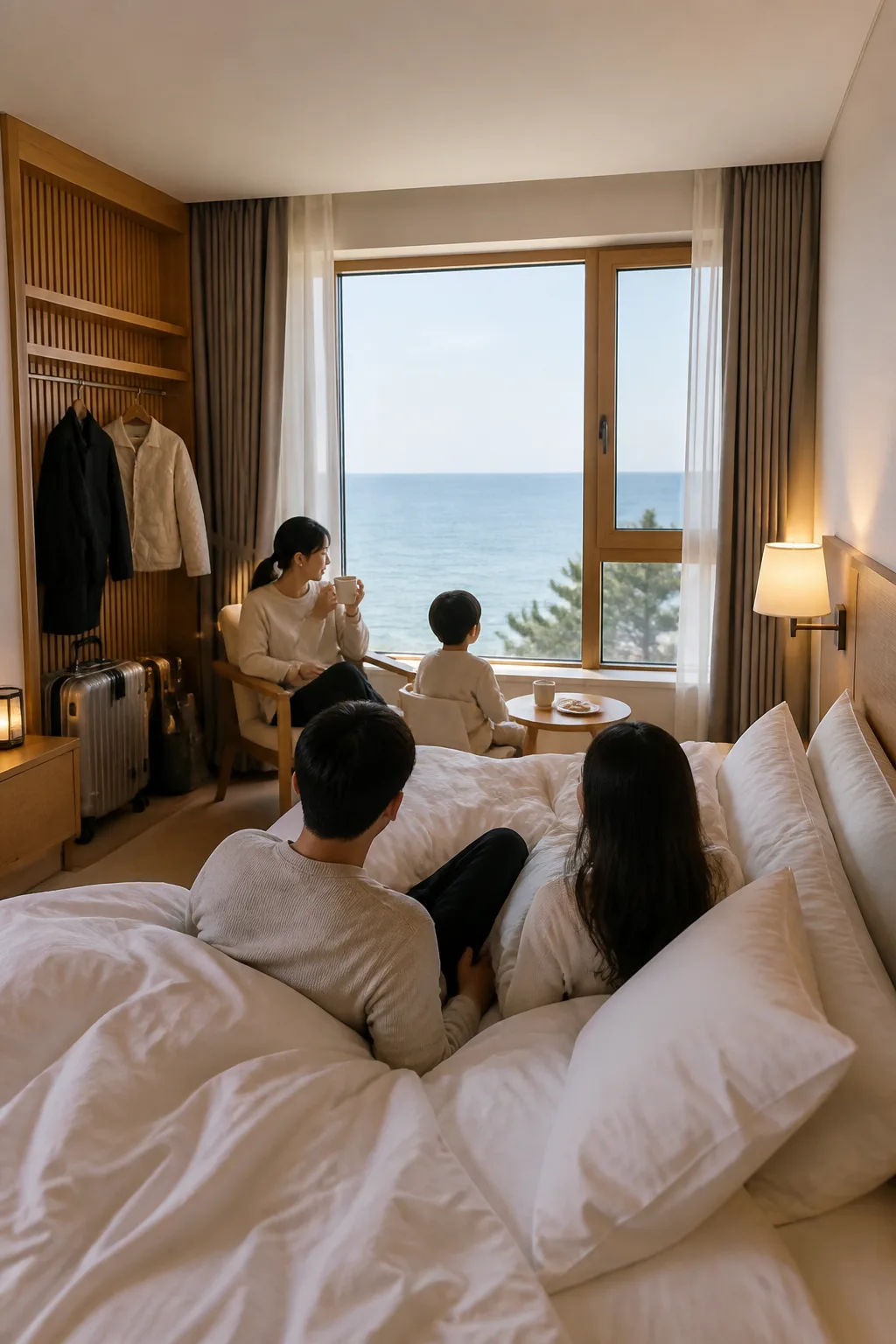 바다 여행 후 편안한 객실에서 쉬는 여행객을 담은 강릉숙소추천 이미지