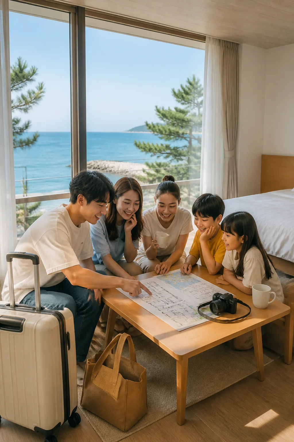 강릉 바다 여행을 앞두고 일행이 객실 공간과 일정을 비교하는 강릉숙소추천 장면