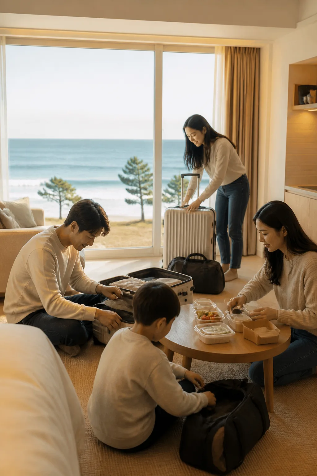강릉 바다 여행 후 숙소에서 짐과 식사를 정리하는 여행객들의 모습으로 표현한 강릉숙소추천 이미지