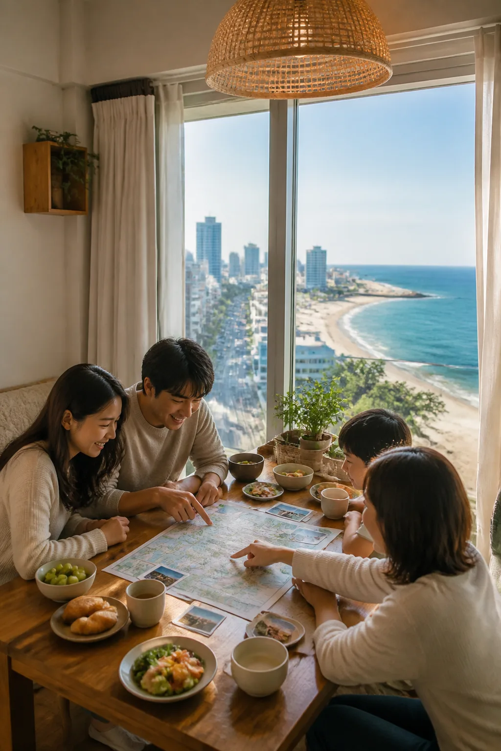 바다와 카페 식사 일정을 계획하는 강릉숙소추천 여행 장면