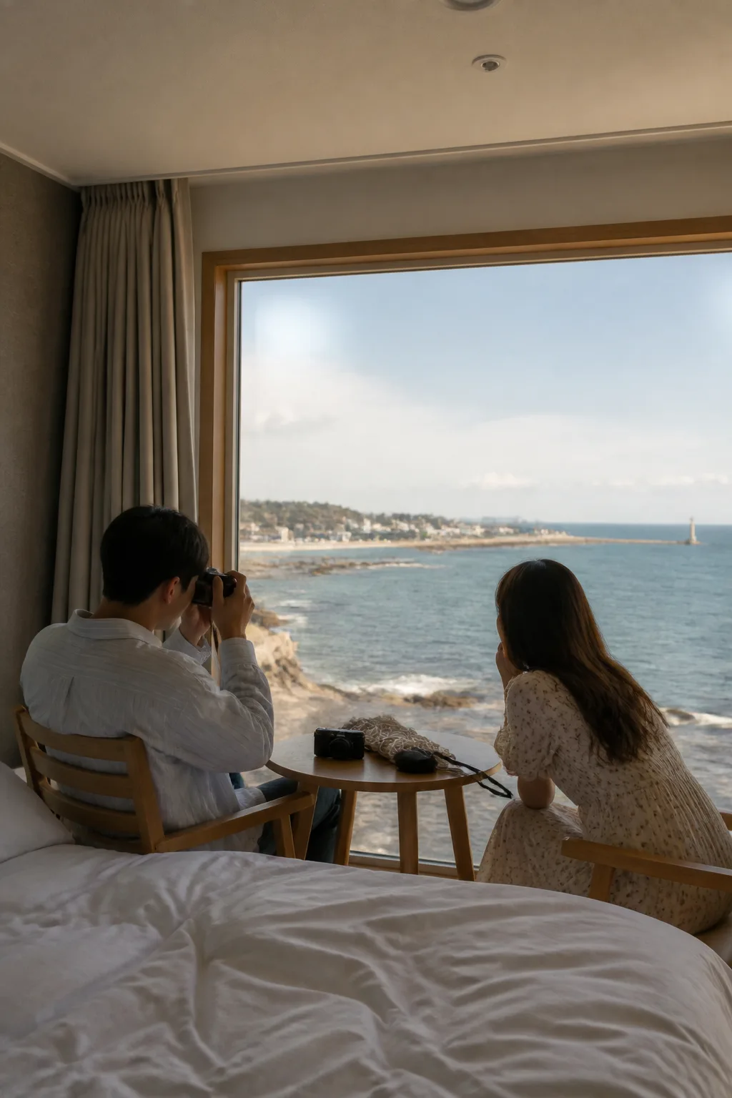 강릉 바다 전망 숙소에서 여행 사진과 기념일을 준비하는 모습으로 강릉숙소추천 분위기를 보여주는 이미지