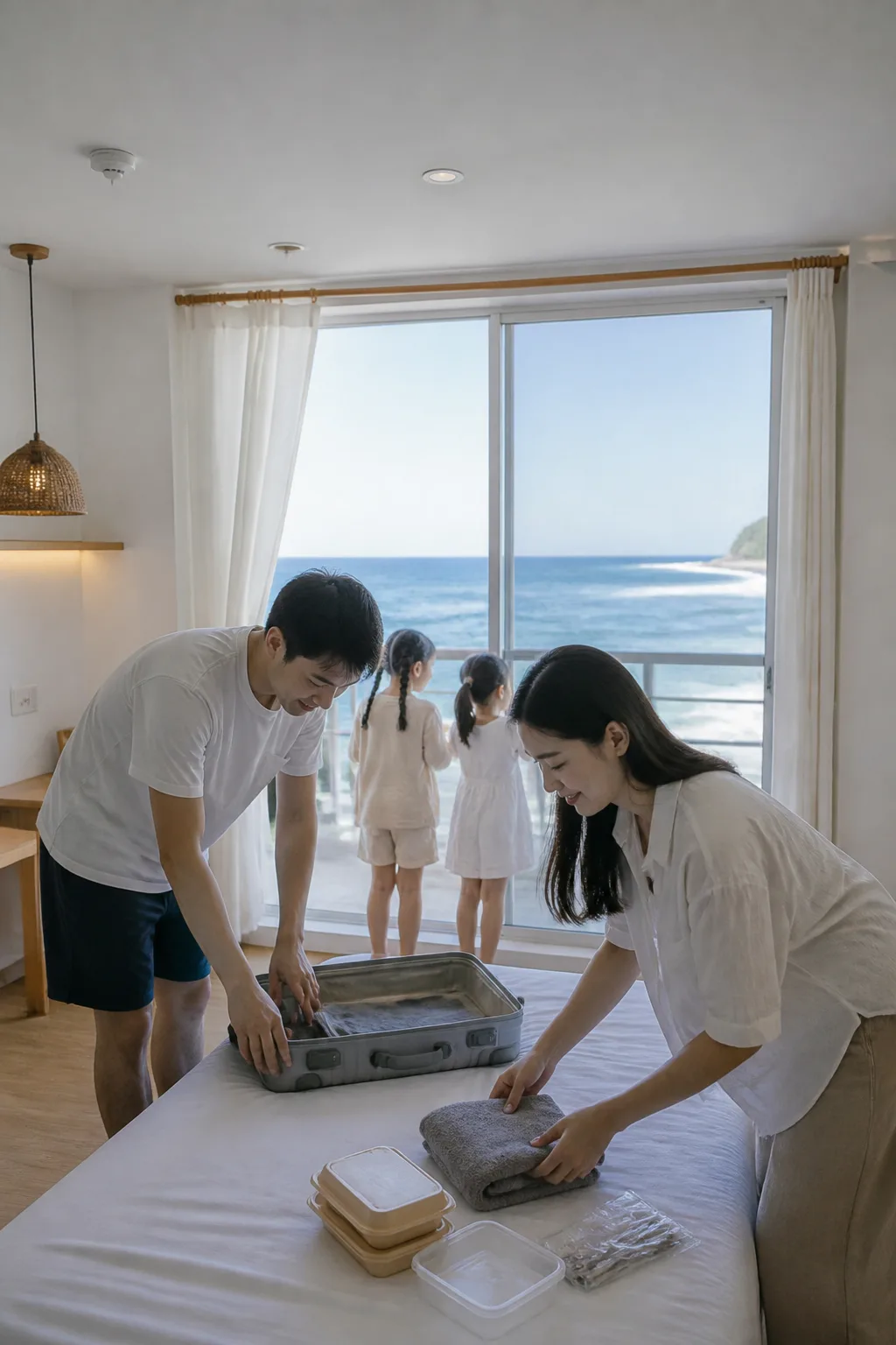 강릉 바다 여행 후 쓰레기와 짐을 정리하며 퇴실 준비를 하는 숙소 모습