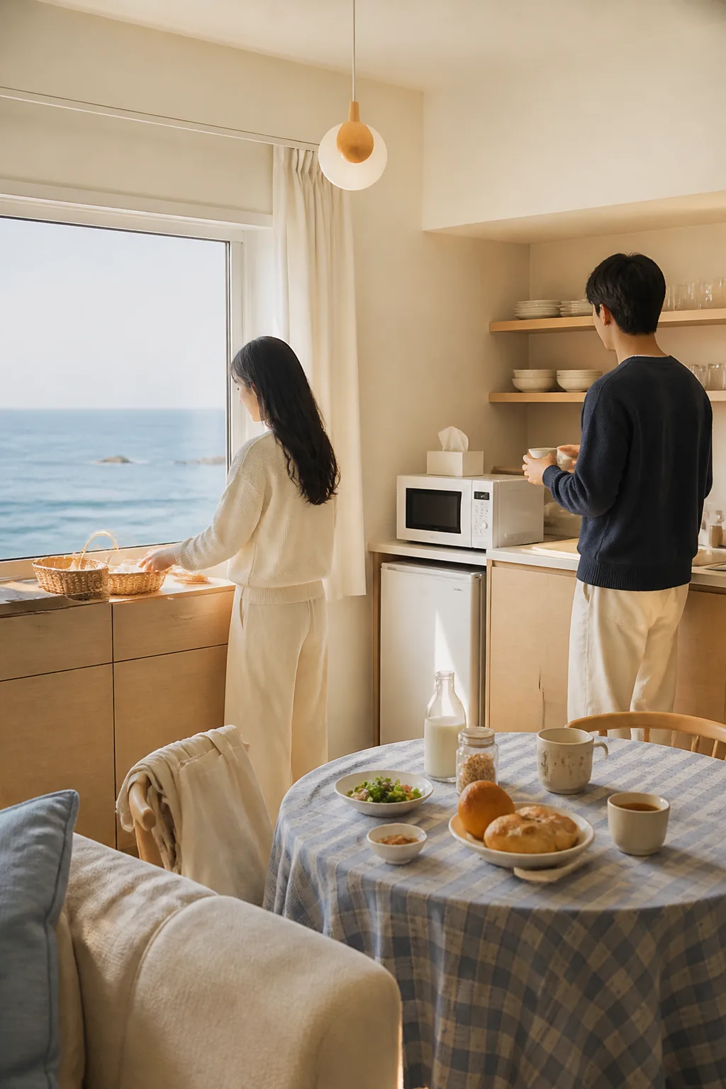 강릉숙소추천을 위한 냉장고·전자레인지·식기가 갖춰진 숙소 객실 주방
