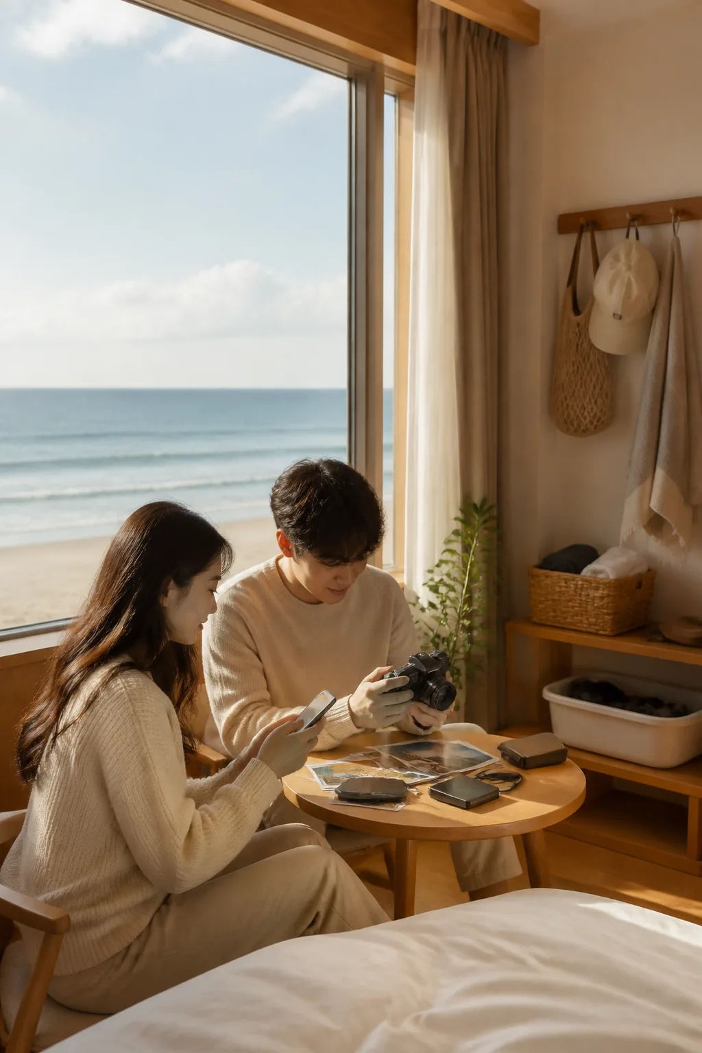강릉 바다 전망 숙소에서 카메라와 휴대전화로 여행 기록을 정리하는 모습